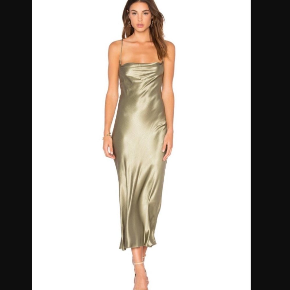 Bec & Bridge Amazonite Satin Slip Midi Dress Olive US 4 (XS - Small)